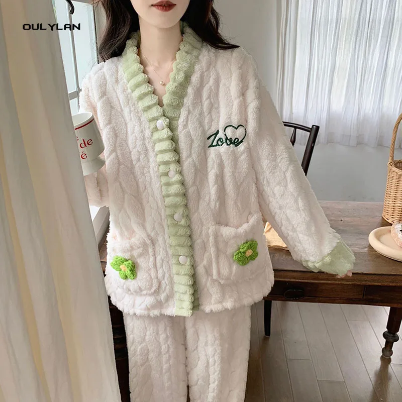 Fashion Pajama Set Women Sweet Cardigan Pants Sleepwear Solid Students Casual Homewear All-match Winter Thicken Warm Female