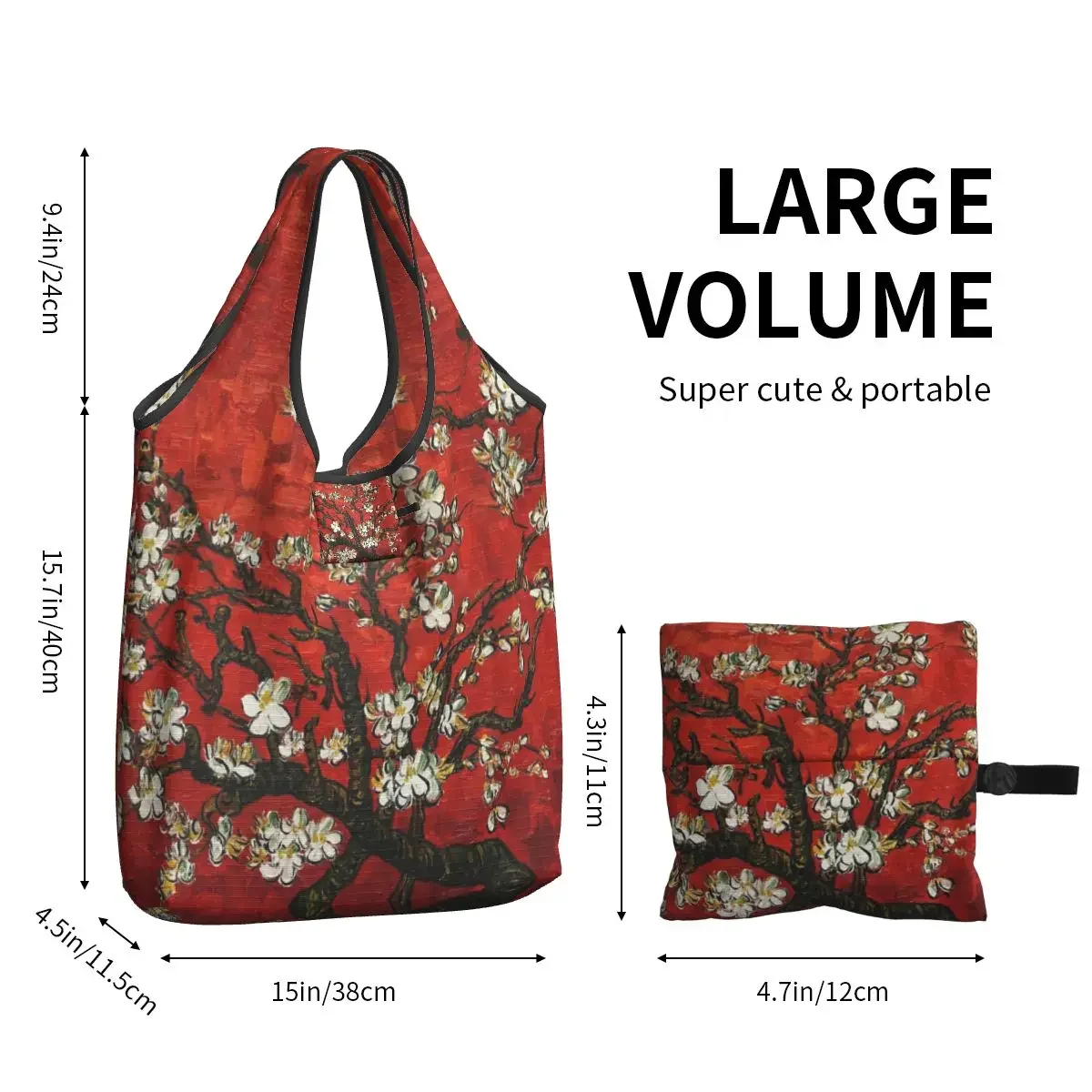 Funny Print Van Gogh Almond Blossoms In Red Tote Shopping Bag Portable Shopper Shoulder Flowers Painting Handbag