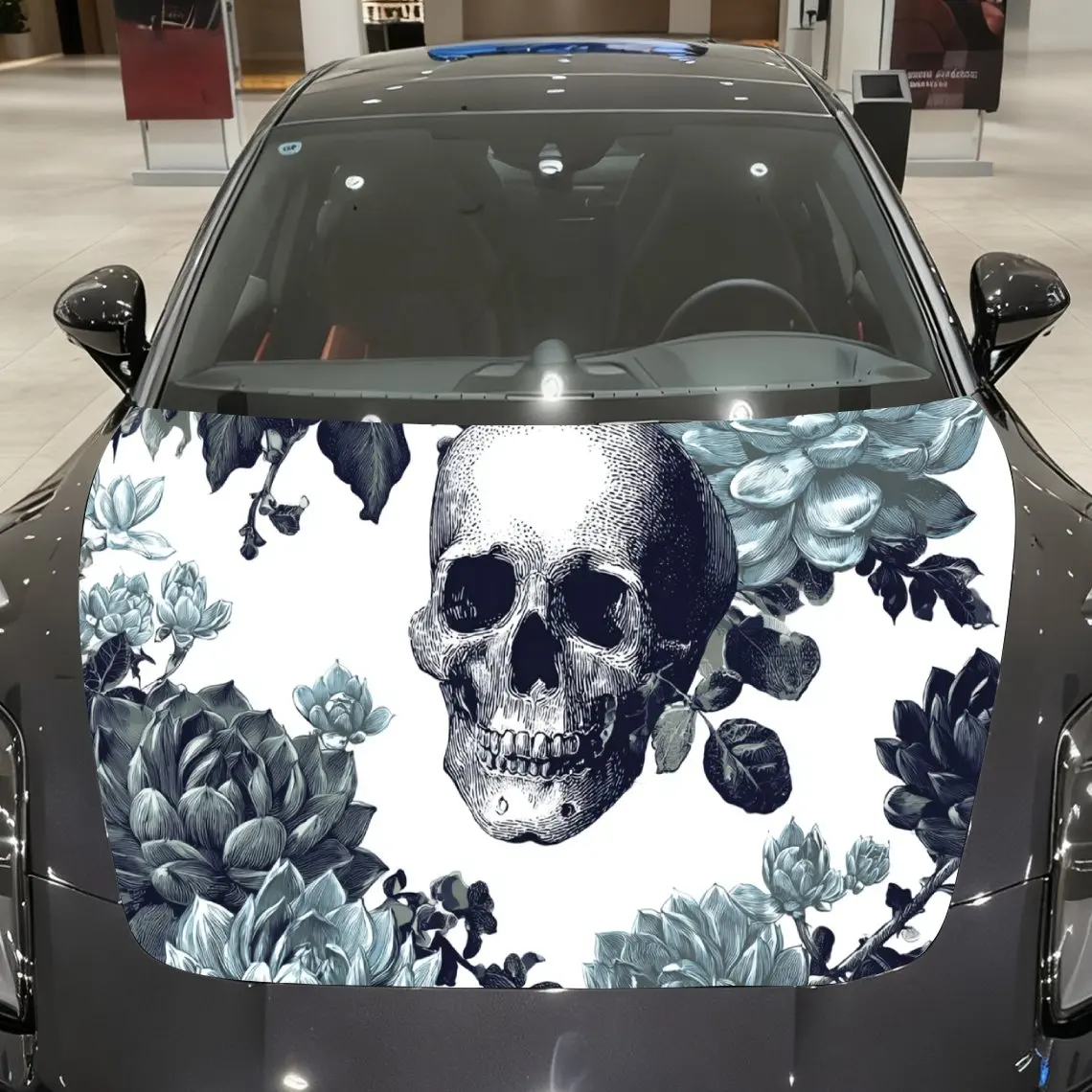 

Car Decal Monochrome Floral and Skull Art Combination Gothic Vintage Aesthetic Car Hood Sticker, Waterproof Self - Adhesive Viny