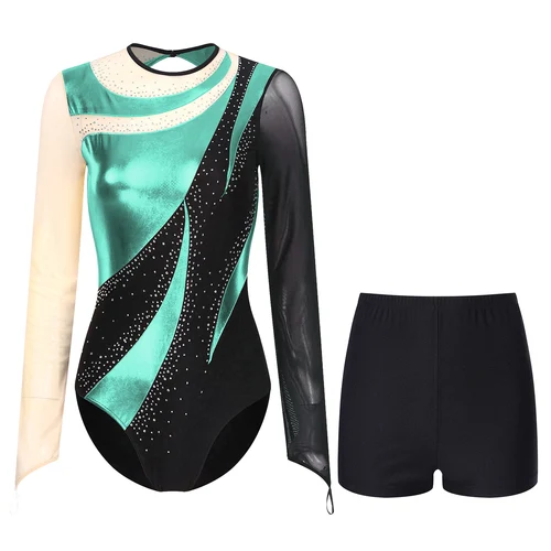 Imagen 2 del producto Monos de gimnasia rítmica para mujer, trajes de baile de Ballet, mono de patinaje artístico sobre hielo, leotardo metálico con pantalones cortos