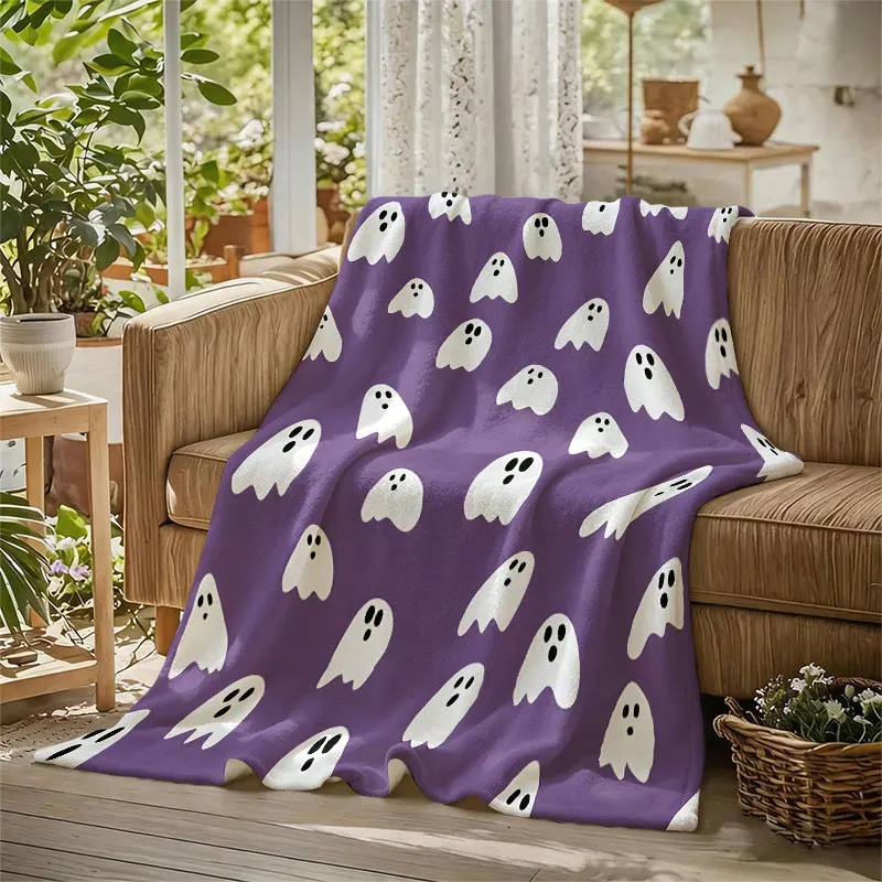 Purple Ghost Print Flannel Blanket Warm Soft Halloween Christmas Decorative Couch Warm Cozy All-Season Gift