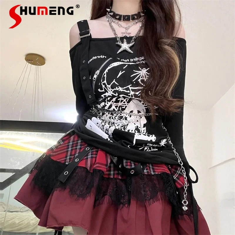 Subculture Gothic Y2k Hot Girl Print Off-Shoulder T-shirt Women Punk Loose Slim Streetwear Fashion Long Sleeve Tops Mini Skirt