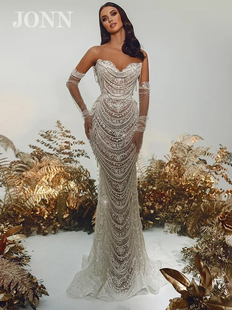 

JONN 2024 Luxury Pearl Chain Evening Dress, Elegant Mermaid Maxi Gown with Gloves, Celebrity Party Wear, Women’s Formal Vestidos