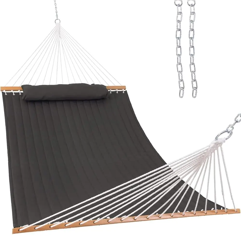 

12 Ft Quilted Fabric Hammo With Spreader Bar, 2-Person Double Hammo With Chains And Pillow, Outdoor Hammo For Outside Patio