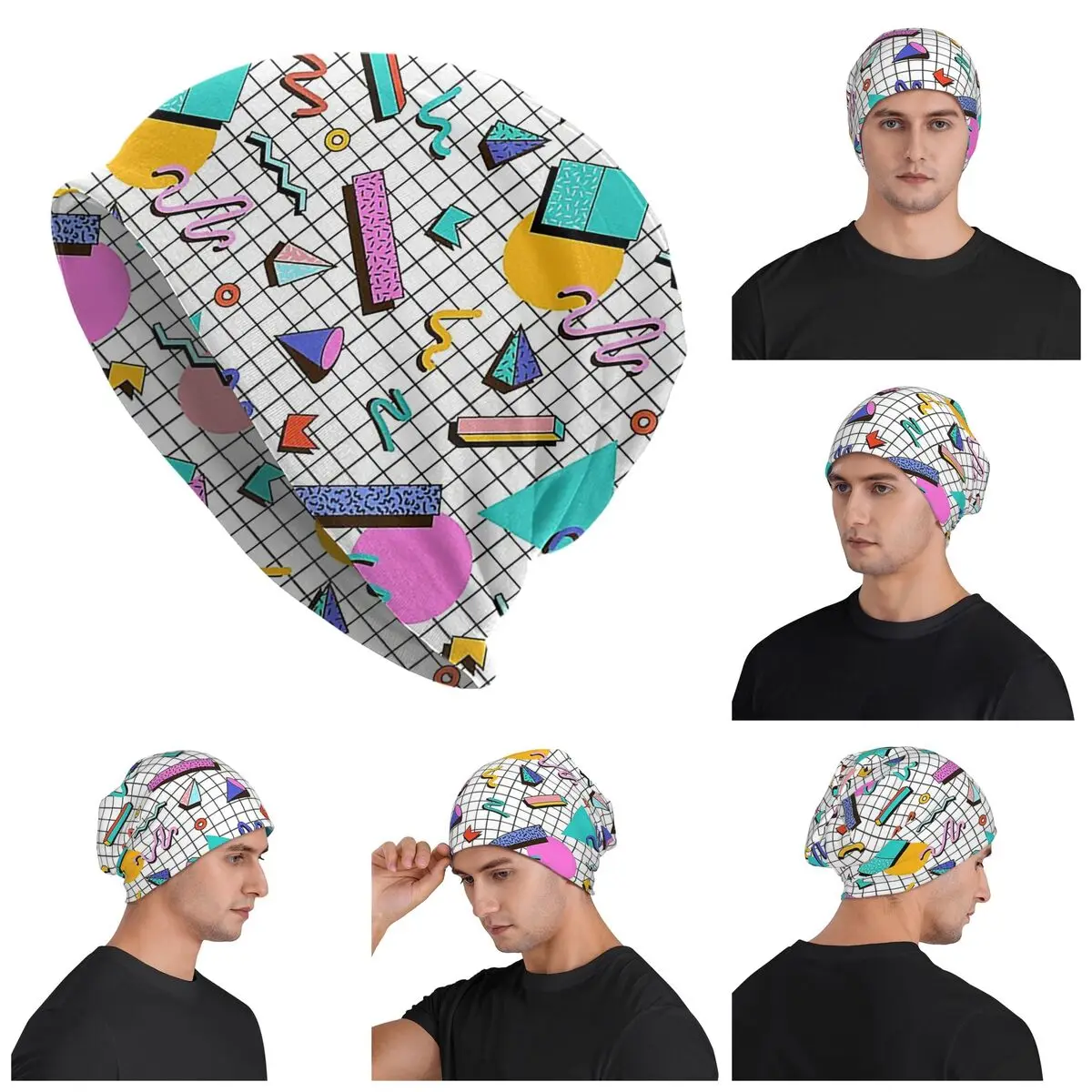 

Funky 80s Eighties Memphis Pattern Design Warm Knitted Cap Hip Hop Bonnet Hat Autumn Winter Outdoor Beanies Hats for Men Women