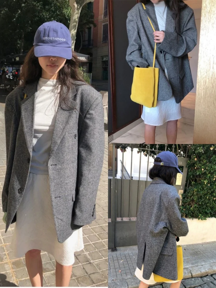 

Loose Grey Suit Jacket for Women Casual Style Long Sleeve Autumn Fashion Retro Design Comfortable Fit Office And Business Ready