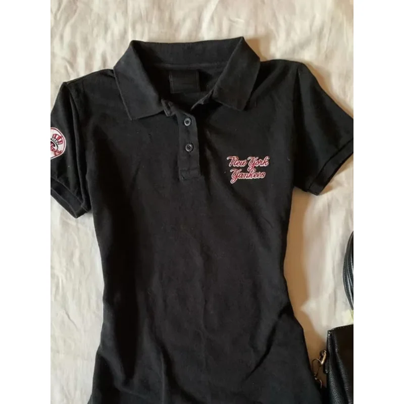 Deeptown Y2k Black Vintage Women's T-Shirts Harajuku Letter Print Short Sleeve American Style Polo Collar Tees Slim Gyaru Summer image 4