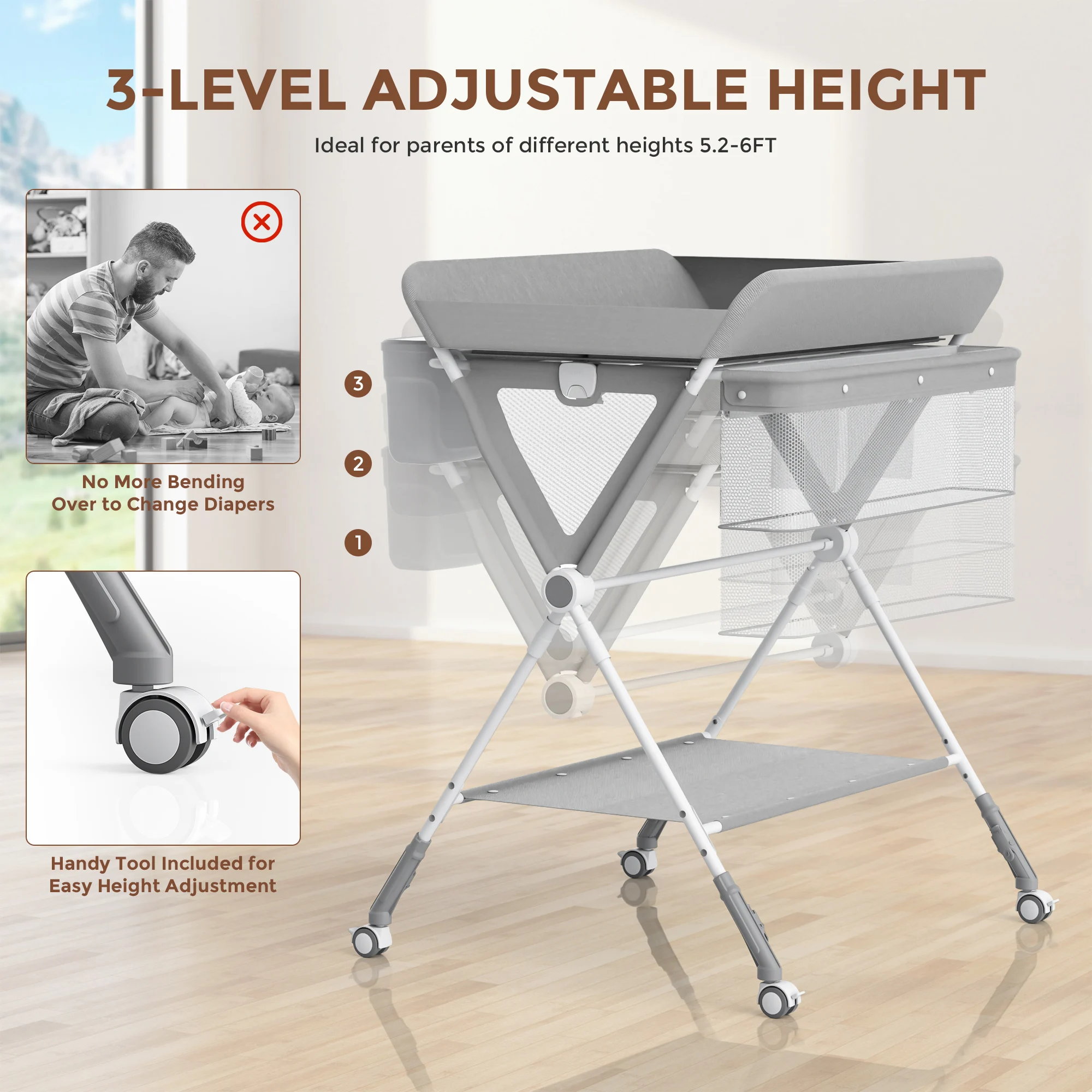 SEJOY Foldable Baby Changing With Wheels Table Portable Height Adjustable Diaper Care Station Mobile Infant Newborn Diaper Table