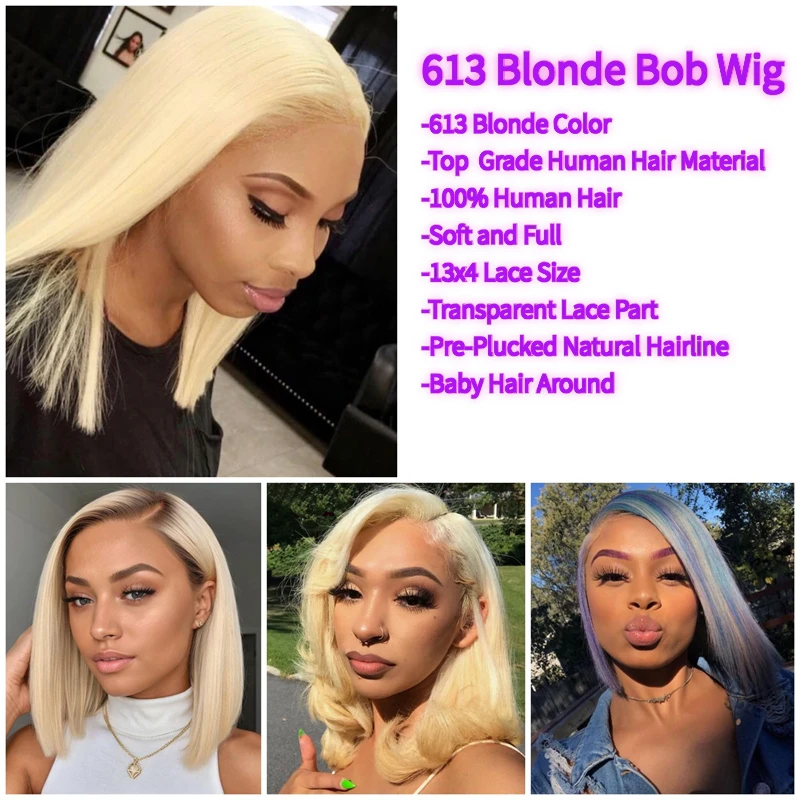 Perruque Bob Lace Front Wig naturelle lisse, blond 613, 13x4, pre-plucked, avec baby hair, 200% de densité