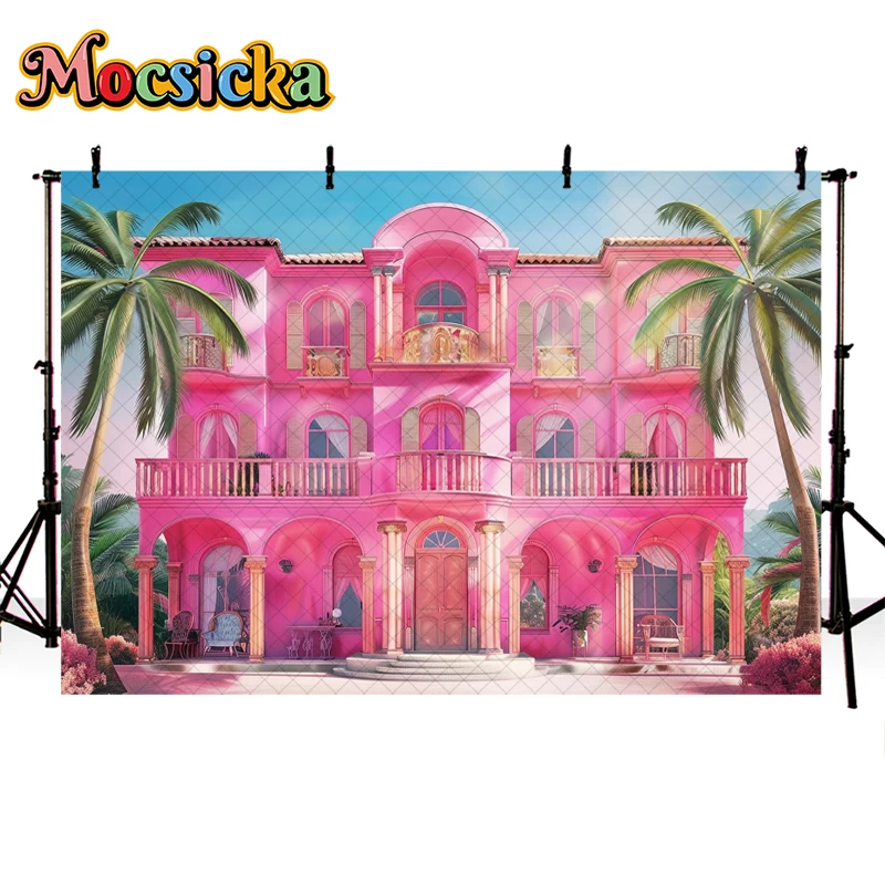 Mocsicka Photography Background Summer Pink Beach House Palm Tree Decor Baby Shower Kids Birthday Portrait Backdrop Photo Studio