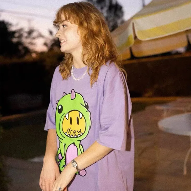 درو هاوس جودة عالية وجه مبتسم الطفل ديناصور قصيرة الأكمام تنوعا عالية الشارع المتضخم للجنسين 100% القطن تي شيرت