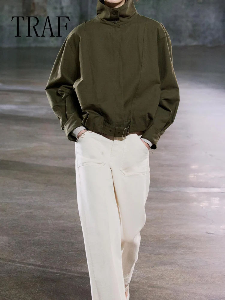 

TRAF European and American style summer new women's clothing stand-up collar long-sleeved pleated casual buckled pilot jacket