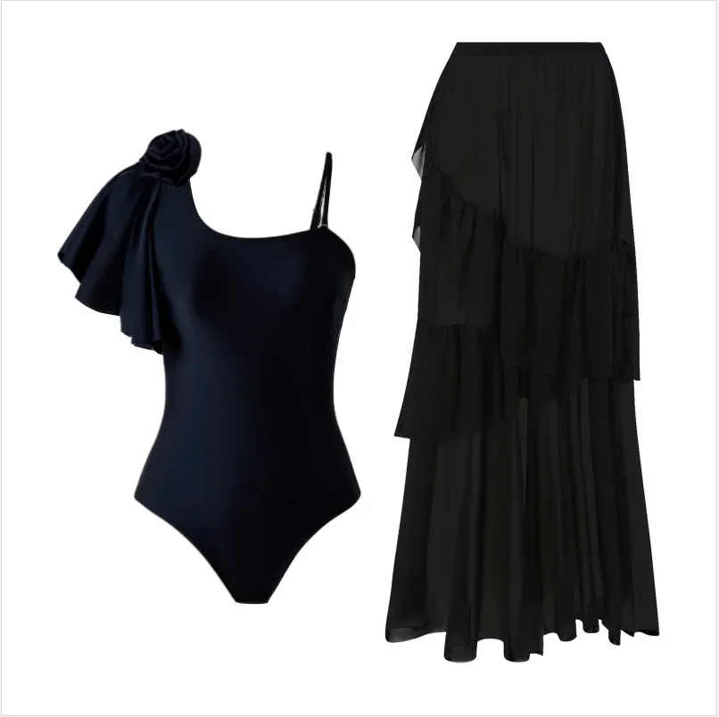 

Printed Ruffle One Piece Swimsuit With Cover Up Sexy Swimwear Women Flat Belly Swim Suits Bathsuit Belt Bodysuit Beach Outing