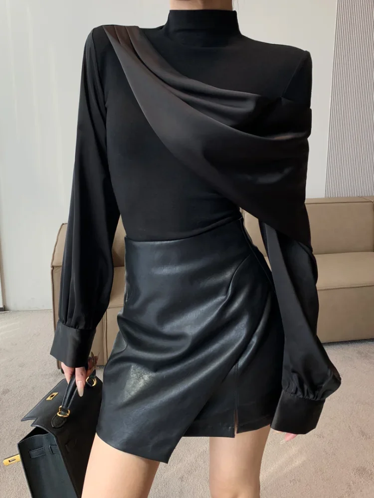 

Top Female Splicing Spring Autumn Black Women's Long Sleeve T-shirt Turtleneck with Sleeves Sale Korean Streetwear Cheap Clothes