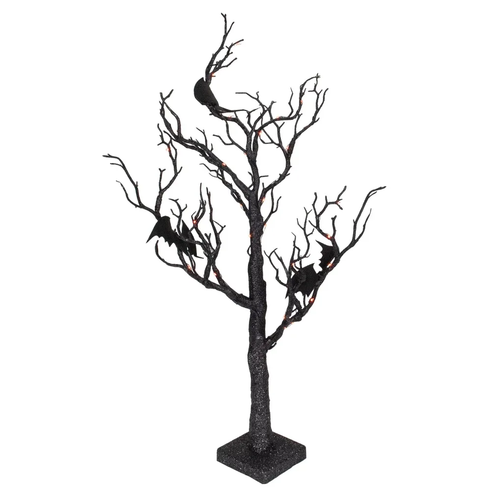 

26.5" Decoration Halloween Home Decor Free Shippng Black Glittered LED Tabletop Halloween Tree With Bats - Orange Lights Outdoor