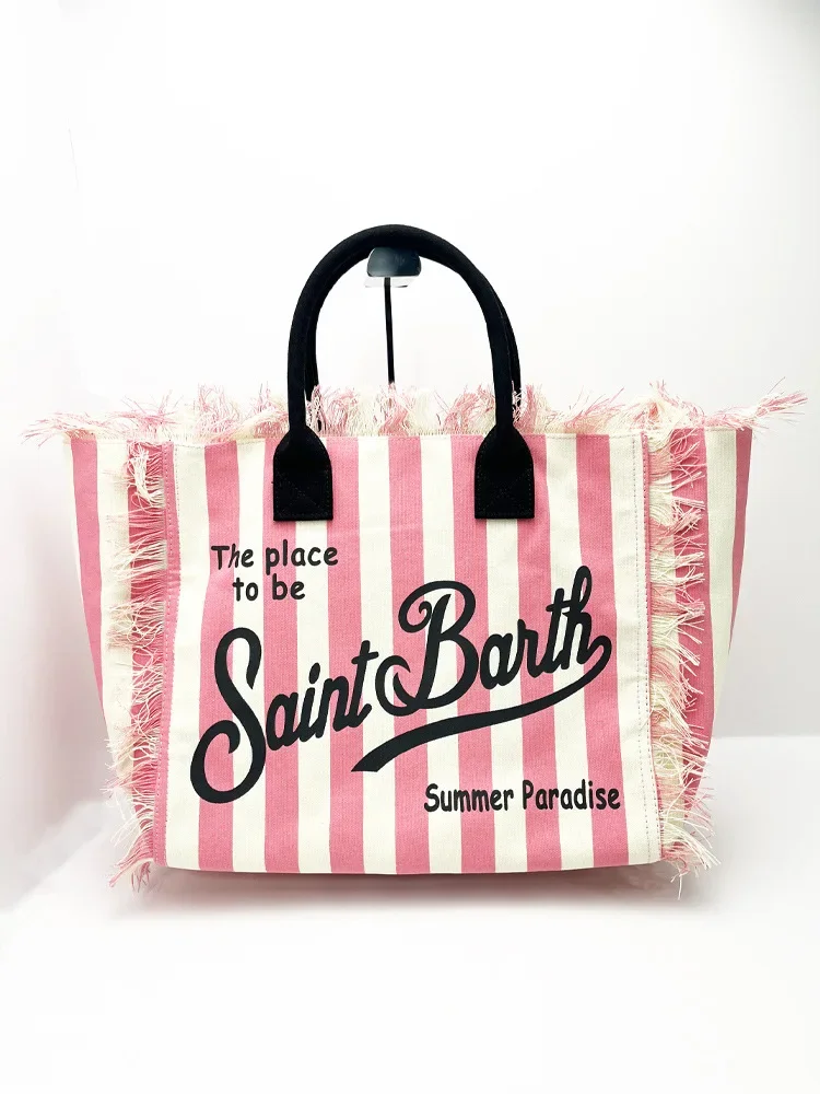 

New Women's Large Capacity Leisure Tourism Canvas Stripe Handmade Tassel Handbag Tote BagSAINT BARTH 2024