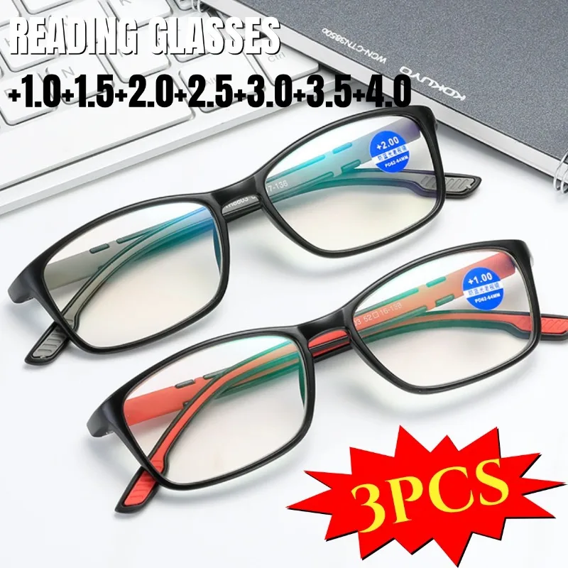 3 Stück ultraleichte, flexible Lesebrillen, modischer rechteckiger Rahmen, Anti-Blaulicht-Brille mit Grad 100 ° ~400 °   Transparente Linse