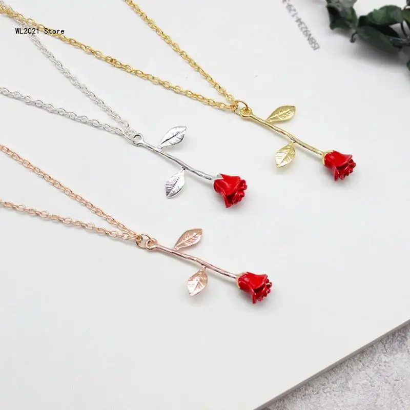 Vintage Beauty and Beast Golden Filled Necklace Jewelry Decoration 3D Red Rose Pendant Necklace Party Favor Female Gifts