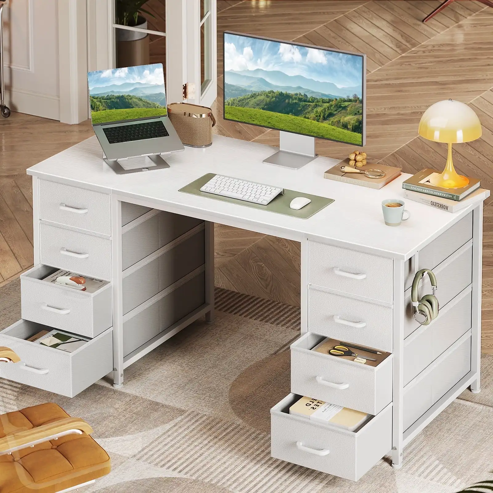 

White Computer Desk with Drawers for Storage - 48 inch Home Office Desk with 8 Fabric Drawers, Writing Study Desk