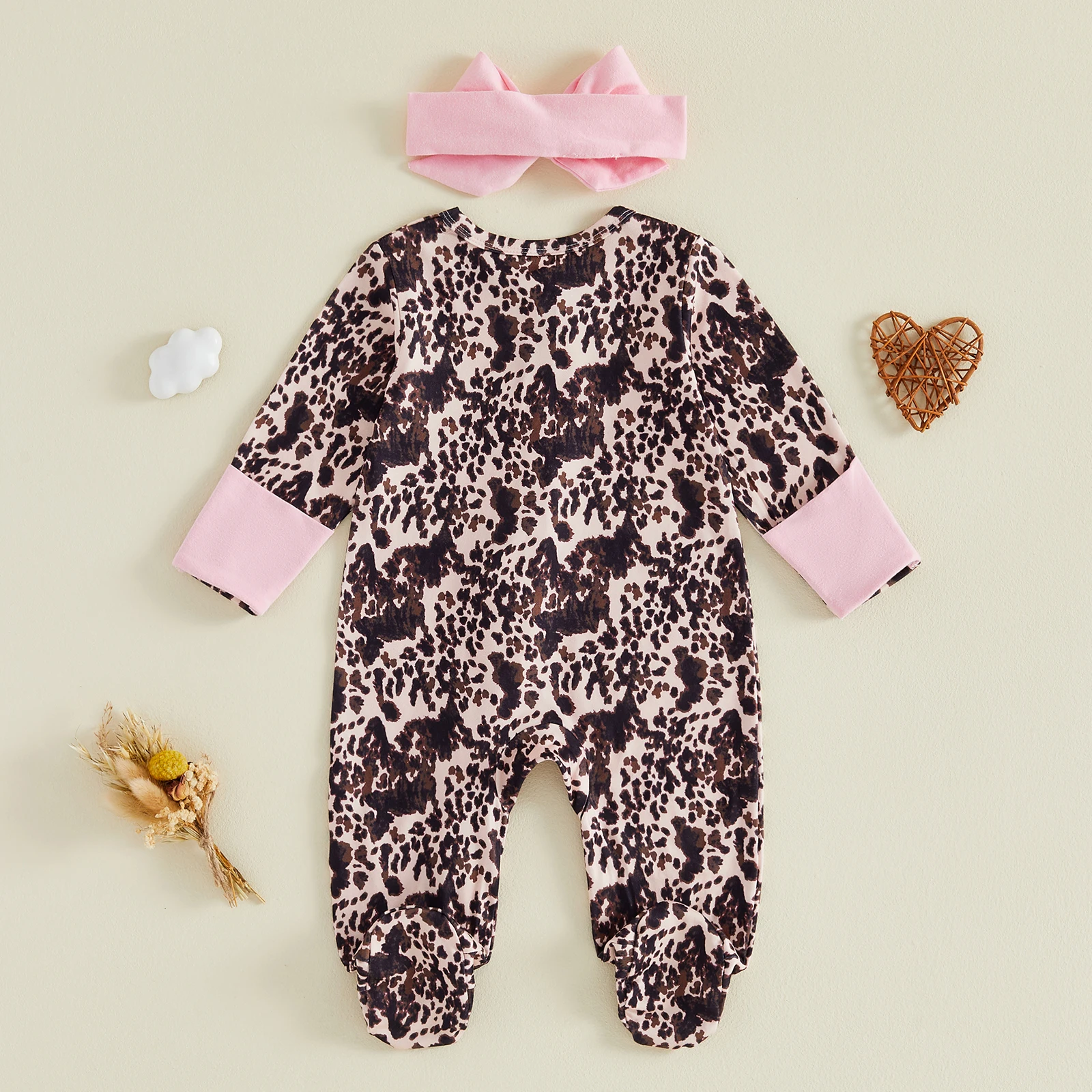 Baby Girl Fall Footies Bow Headband 2 Pcs Set Cute Baby Western Style Print Ruffled Trim Zip Front Long Sleeve Rompers