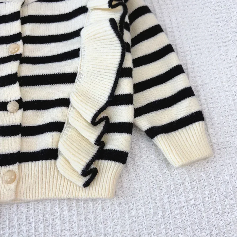 Children\'s Clothing Daily Striped Black Fungus Edge Knitted Cardigan+Solid Color Short Skirt Two-piece Sets Kids Clothes Girls