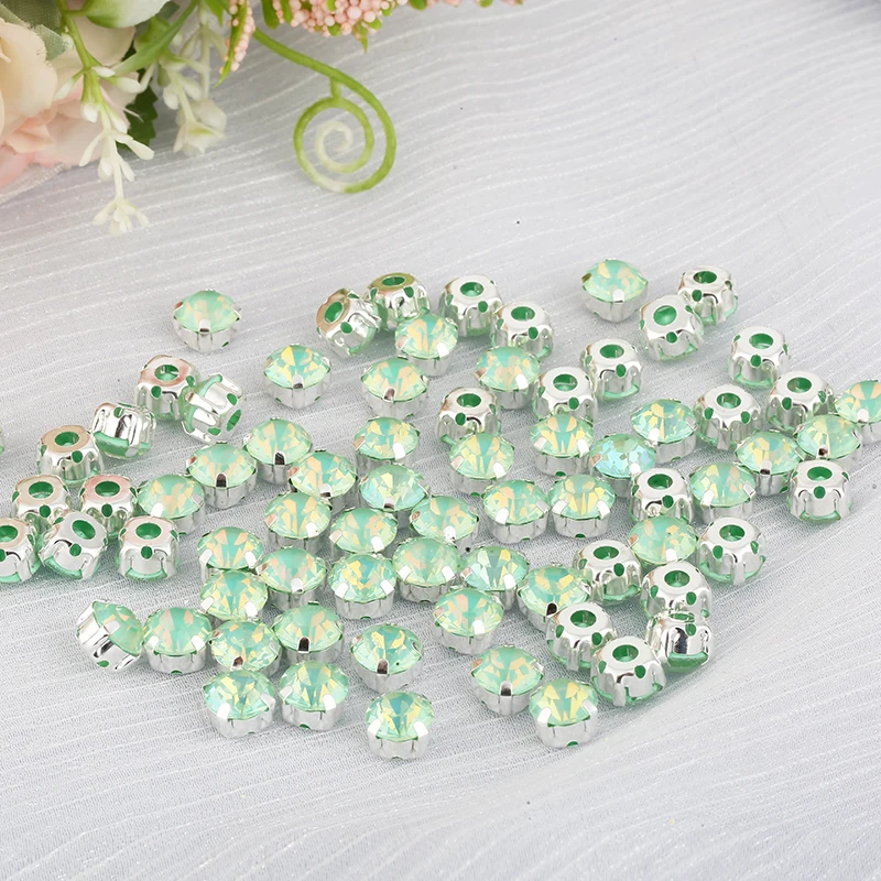 PEESOM 8mm 100szt Jelly Opal Color Round Sew On Crystal Rhinestone Sliver Claw Setting Flatback Glass Stone with Hole for Sewing