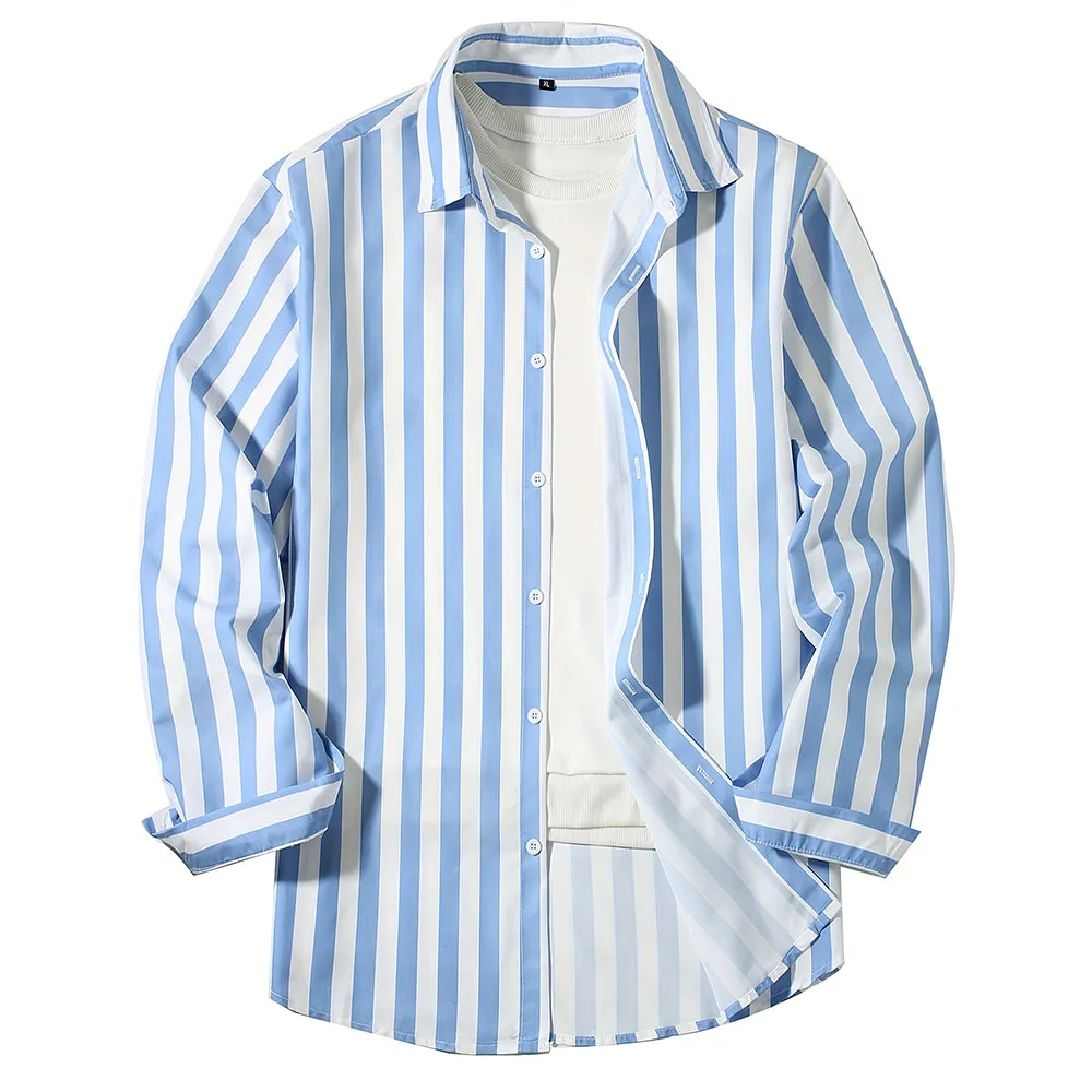 New Men's Long Sleeve Blue White Striped Shirt Fashion Standard-fit Button Down Shirts Blouse Men Hip-hop Streetwear Camisas