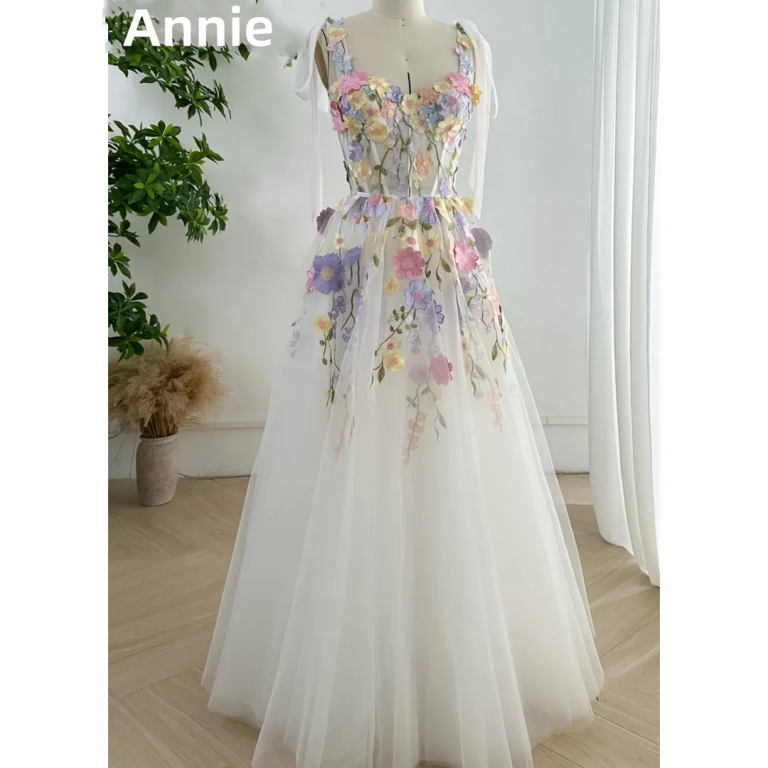 Annie White Tulle Prom Dress Flowers Princess Graduation Formal EveningDresses Vestidos De Fiesta Elegantes Para MujerCustomized