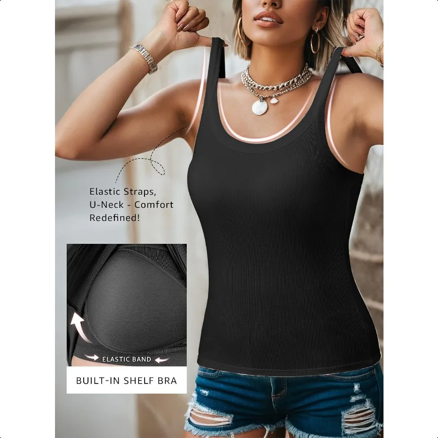 여성용 나인티 탱크탑, 브라 내장형 골지 슬림핏 탱크탑, 여름 스쿱넥 캐주얼 캐미솔, 베이직 캐미