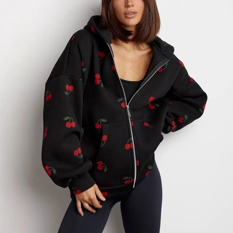 Women Cherry Printed Hoodies Spring Autumn Fashion Streetwear Female Casual Loose Hooded Sweatshirts Lady Chic Zipper Outerwear