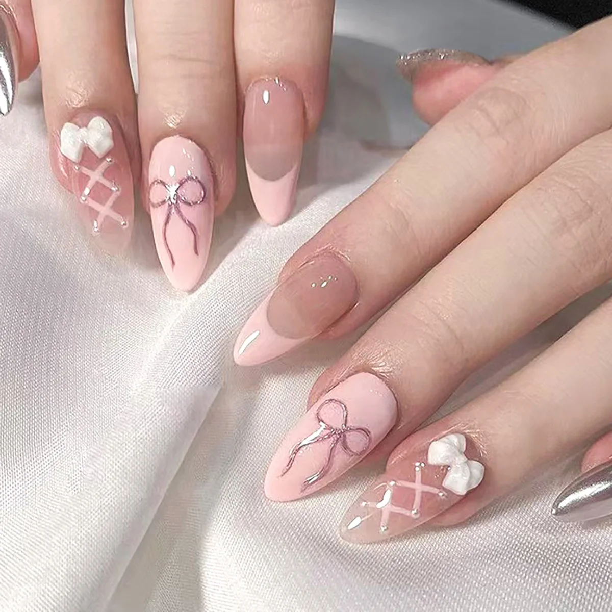 

24PCS Sweet Pink French Press on Nails Full Cover Simple 3D Bowknot Almond Fake Nails for Girls Women Wearable Nail Manicure Set