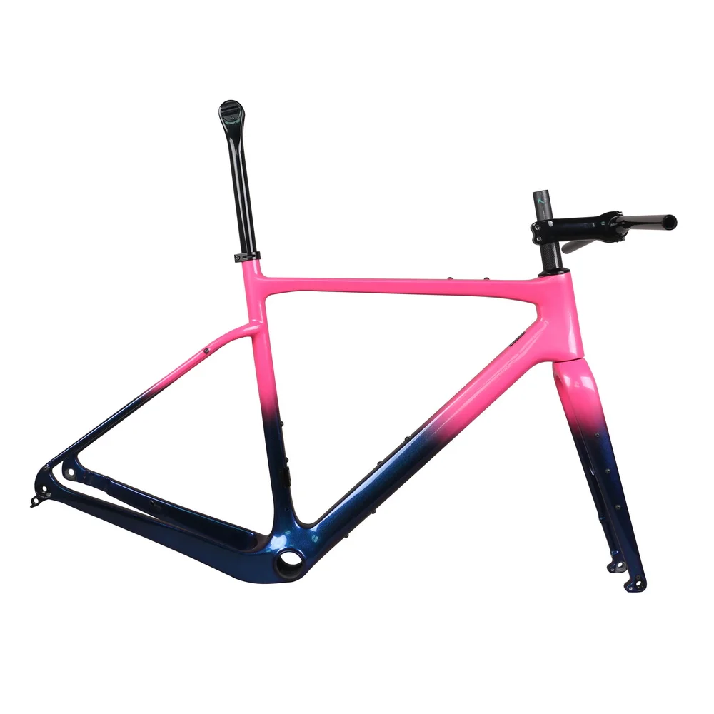 

External Cable Gravel Bike Frame GR044 With Stem Flat Bar Chameleon Pink Paint Available Size 49/52/54/56/58cm