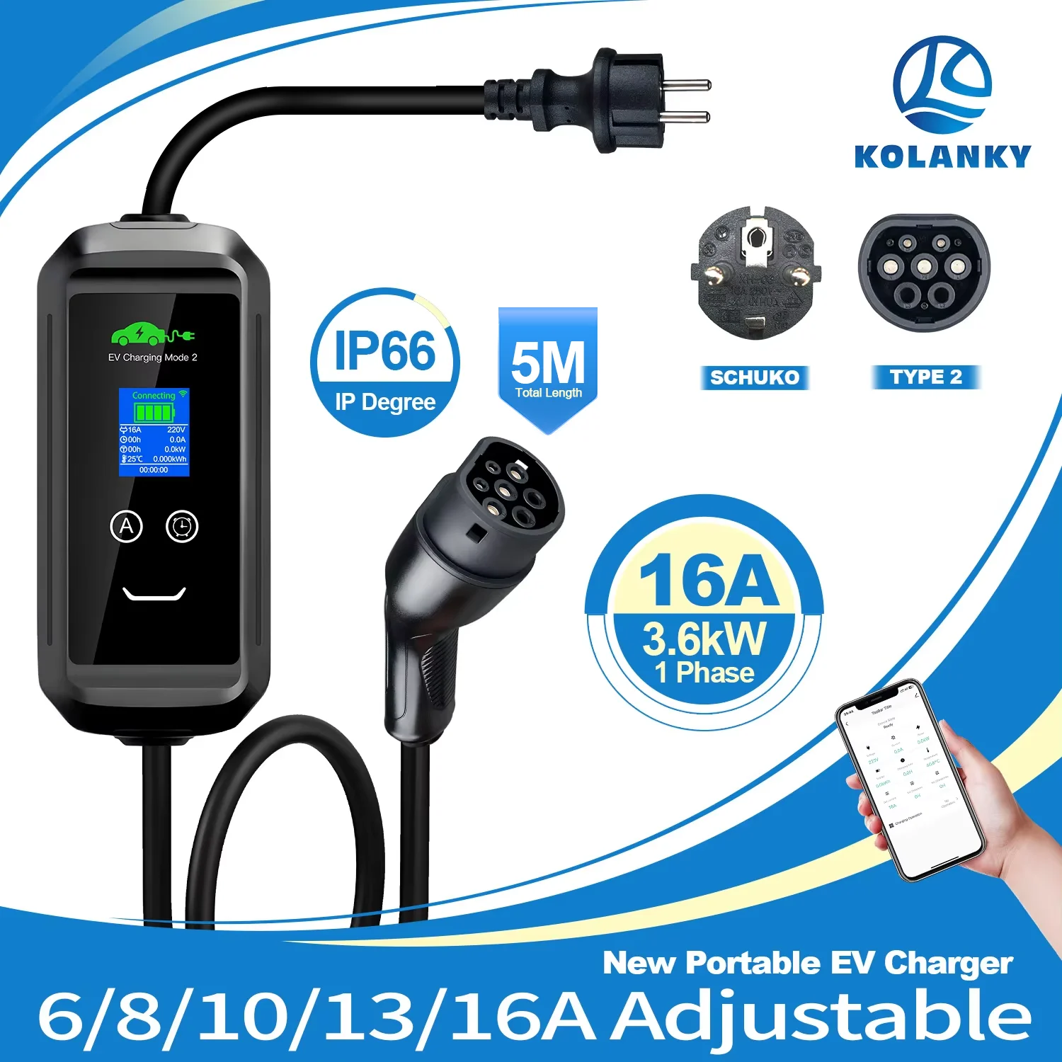 Kolanky Tragbares EV-Ladegerät Typ 2 IEC 62196 Elektroauto-Ladegerät 3,6 kW 16 A 1 Phase EVSE Wallbox EV-Ladestation IP66 Tuya APP