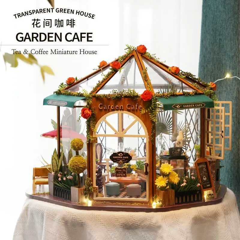 Koffie bloem huis DIY houten model kits aangepaste Diorama miniatuur huis model maken voor jongens meisjes cadeau