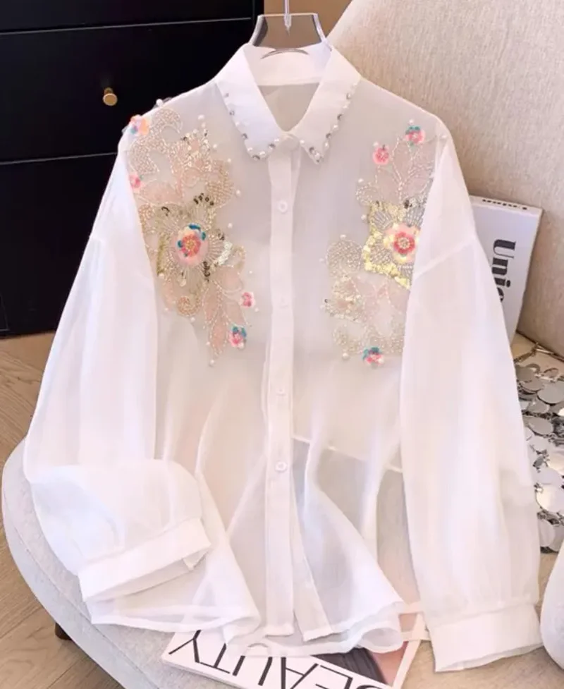 

Однобортный топ с длинными рукавами и воротником из бисера, цветочной вышивкой для женщин, лето 2022, тонкие солнцезащитные рубашки, блузки
