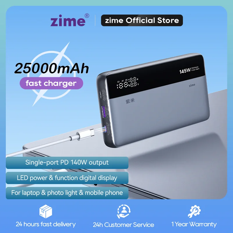 zime Power Bank 145W 25000mAh PD Fast Charging Portable With External Battery For MacBook Pro/Air iPhone 15/14/13 And More