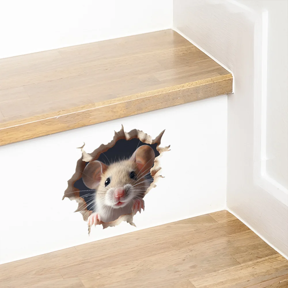 1PCS 3D Effect Cute Mouse Sticker Wall Sticker Cartoon White Animal Sticker Home Decoration Background Wall Probe Mouse Hole