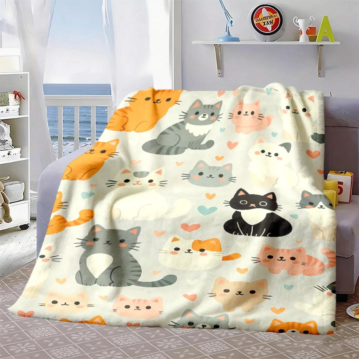 Kawaii Multicolor Cat Throw Blanket,Sweet Cartoon Kitty With Heart Flannel Blanket for Sofa Bed Home Decor Birthday Gift Options