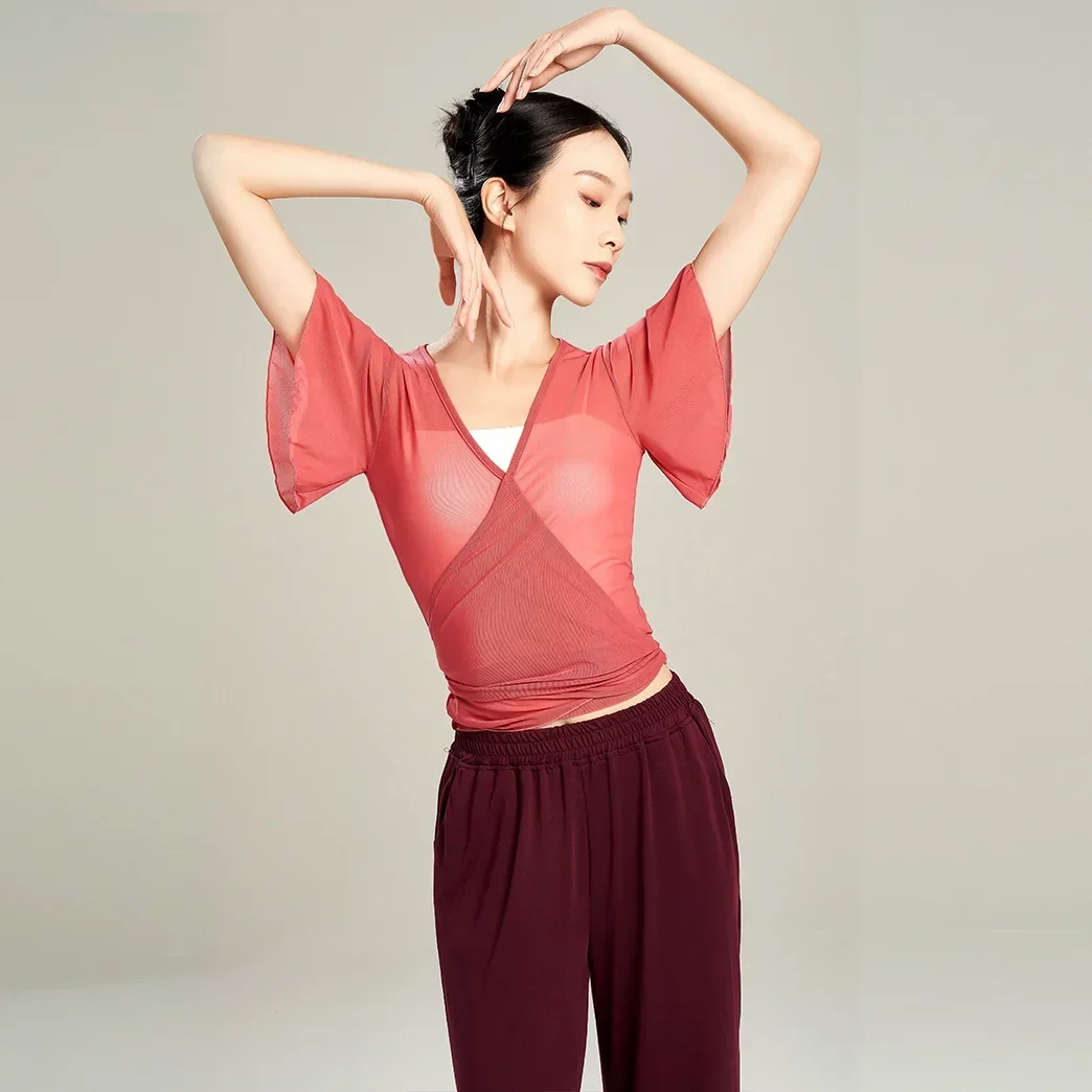 Женский танцевальный костюм, современный, лето 2023, новый тренировочный сетчатый топ с короткими рукавами для китайских классических танцев для взрослых