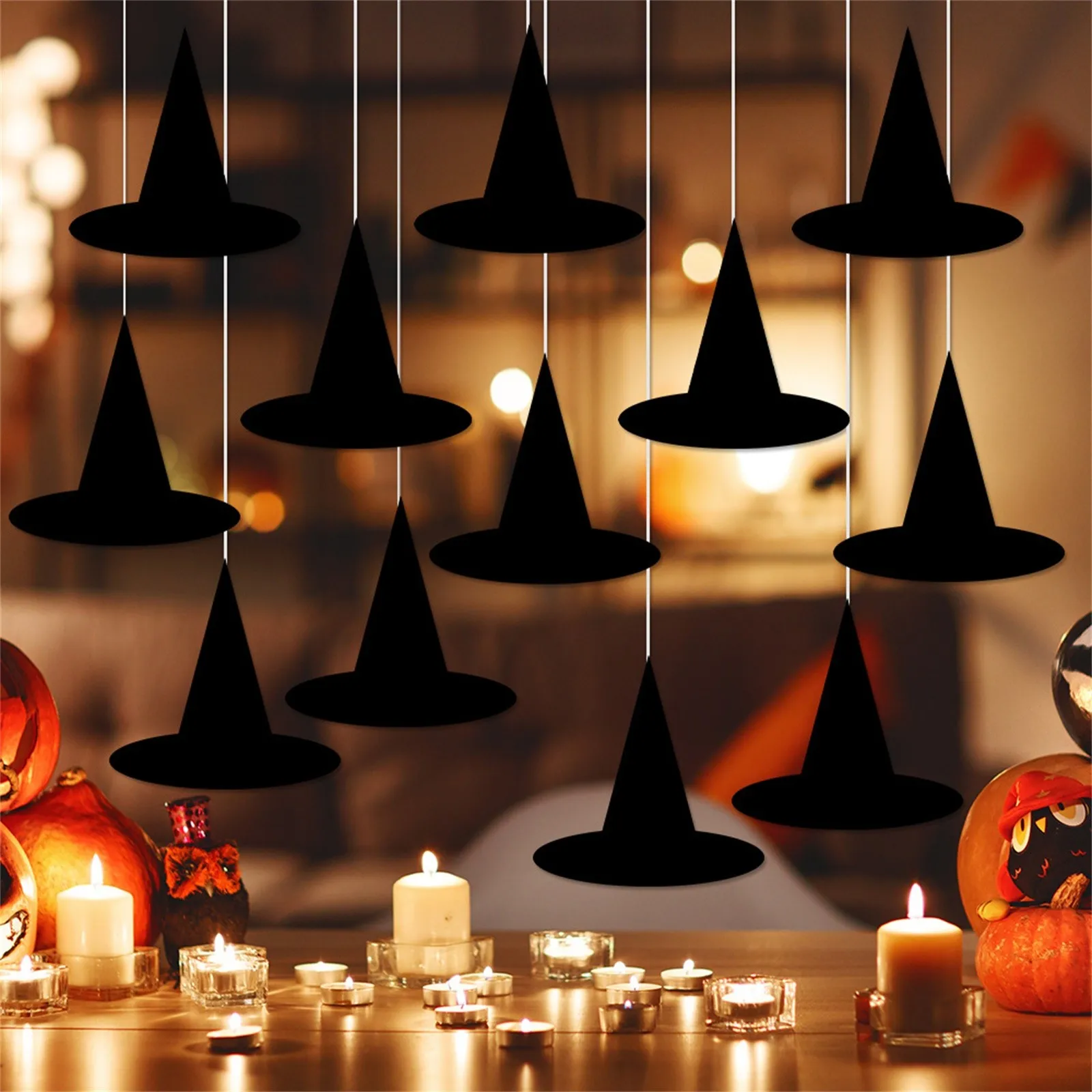 

12 Pices Halloween Hangs Decor Holiday Theme Party Black Hanging Witch Hat Props Indoor Outdoor Floating Dress-up Accessories