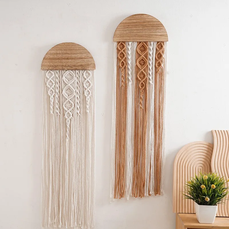 Nordic Style Minimalist Fringe Wall Hanging Bohemian Guesthouse Decor Handwoven Semi-Circular Wood Tapestry Unique Birthday Gift