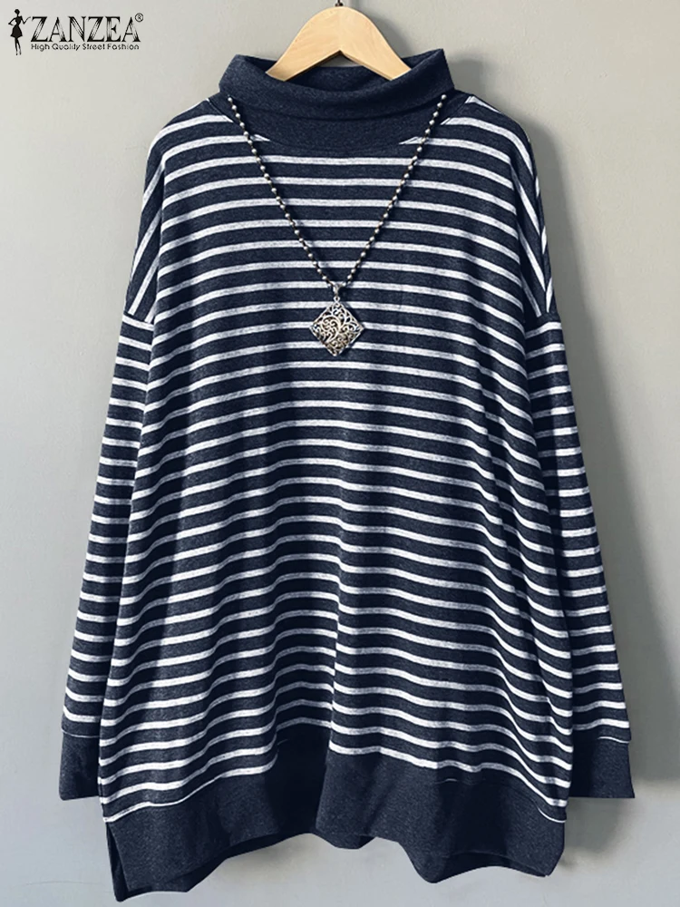 ZANZEA Women High Collar Tees Casual Loose Chic Knited Tops Korean Fashion INS Striped T-shirts 2024 Autumn Long Sleeve Tunics