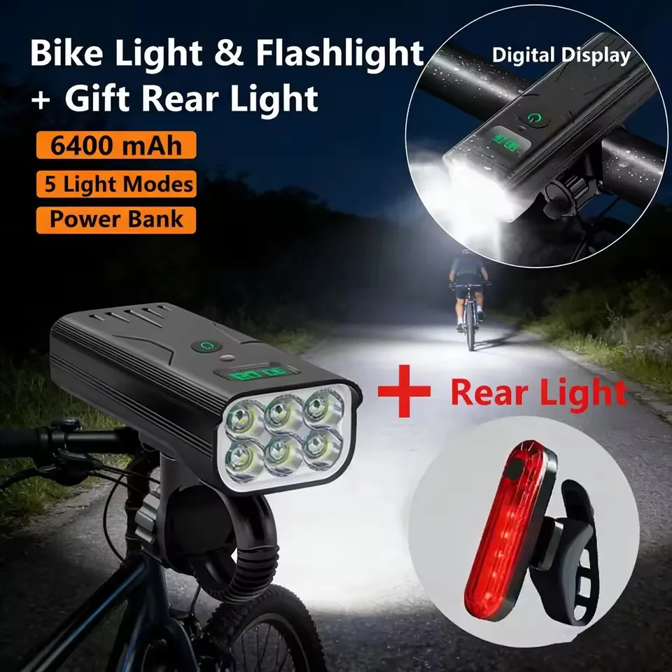 

Велосипедный фонарь с функцией Power Bank 6400 мАч, передний водонепроницаемый USB-фонарь для MTB и шоссейных велосипедов, с задним фонарем