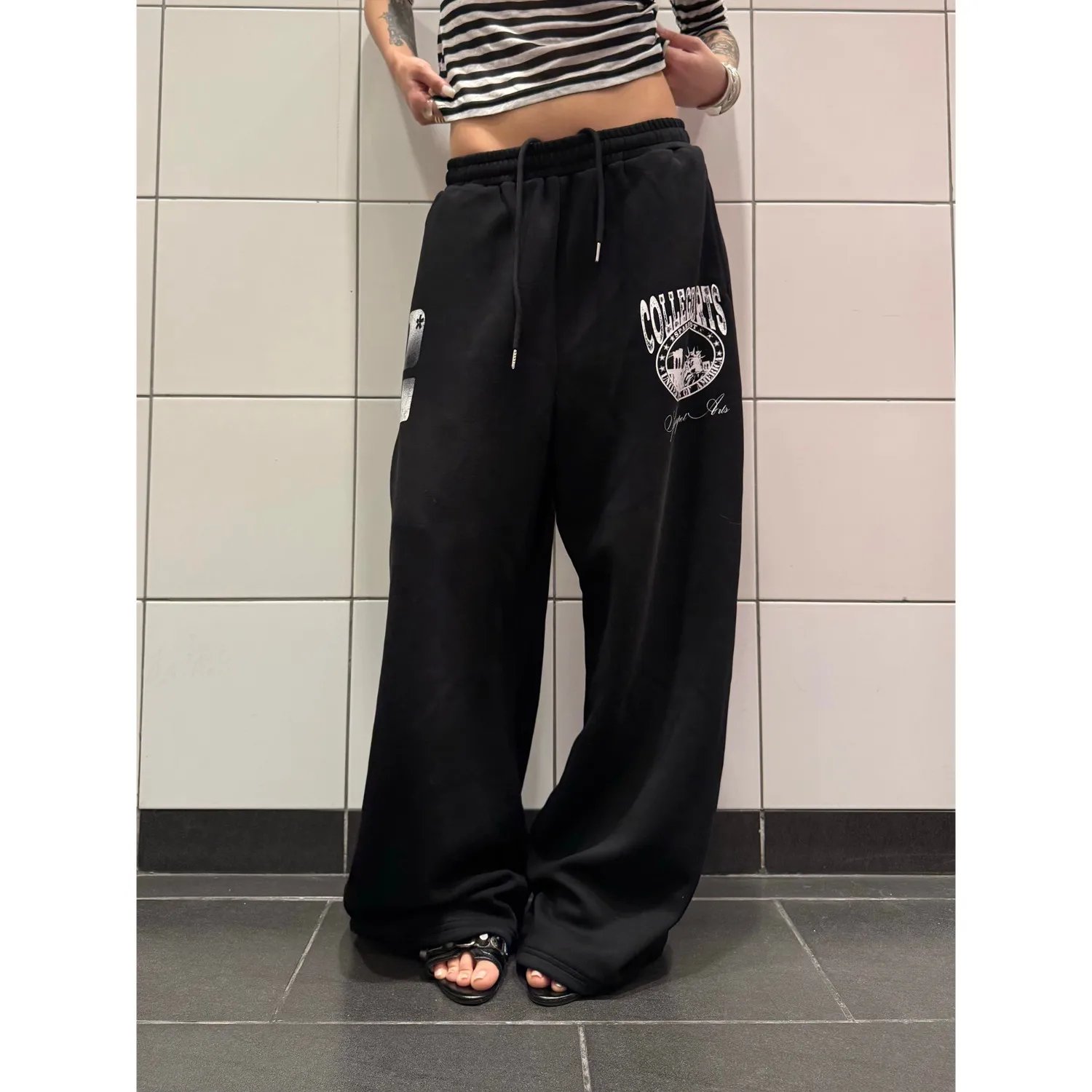 American Letter Print Drape Wide Leg Sweatpants Men's Loose Lazy Style Casual Floor-Length Trousers Trendy Spring New