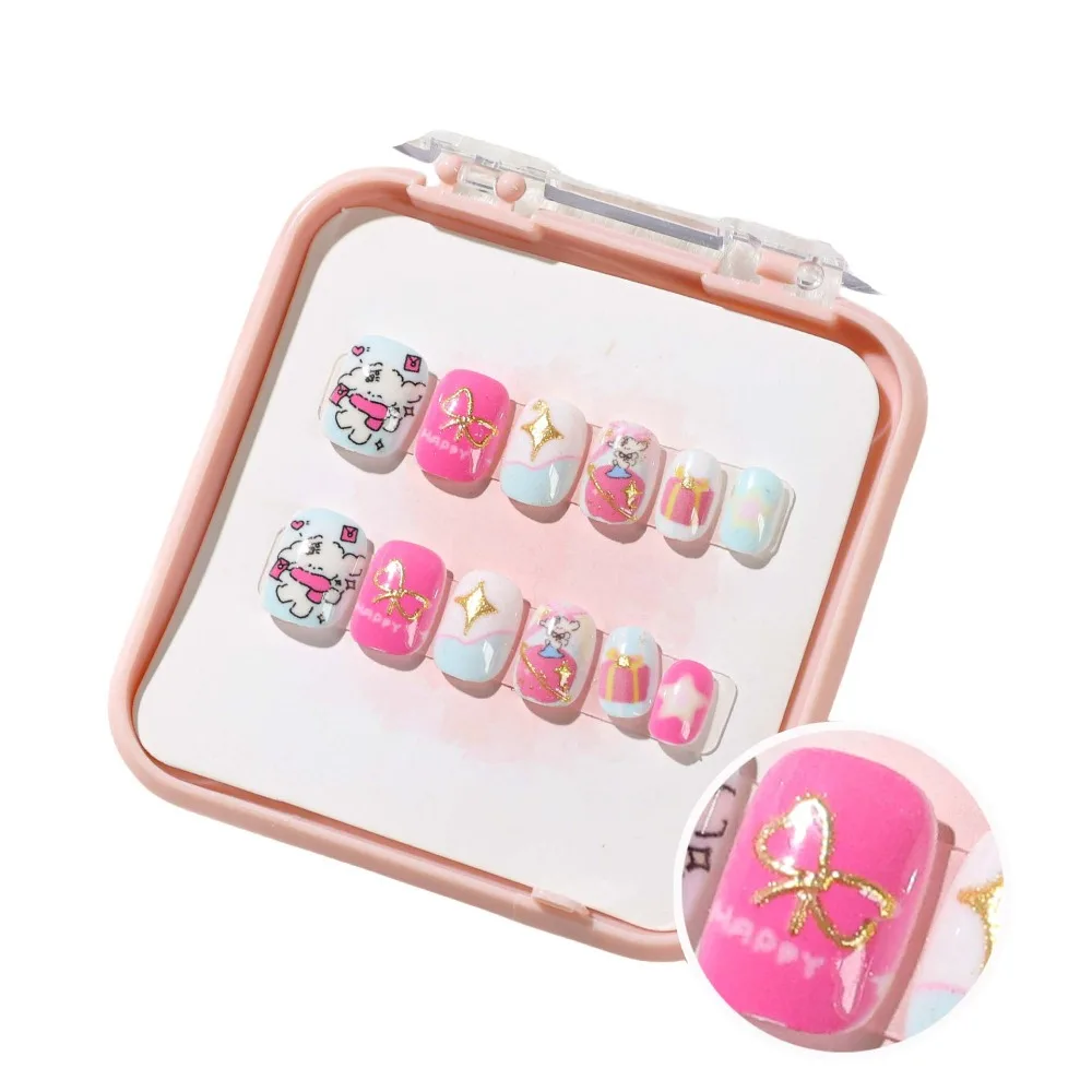 

Gilded Cat Eyes Children False Nails Bowknot Short Square Shaped Kids Cartoon Fake Nails Press on Nails Manicure Material