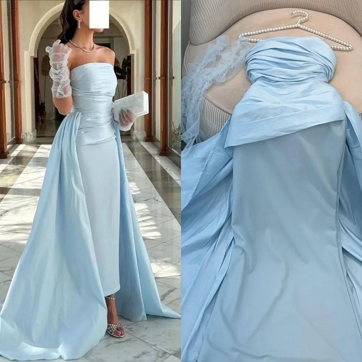 Robe de Rhlongue en satin bleu ciel pour femmes, robes d'occasion formelle, une initiée en Arabie saoudite, train en fibre, longueur au sol, robe de soirée