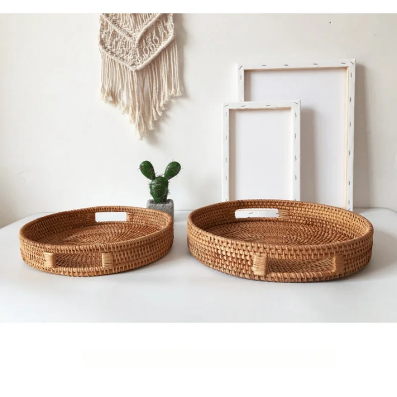 Eco Firendly Rattan Storage Tray Handwoven Wicker Basket Bread Snack Food Plate Fruit Cake Platter Dinner Serving Tray Tea Tray