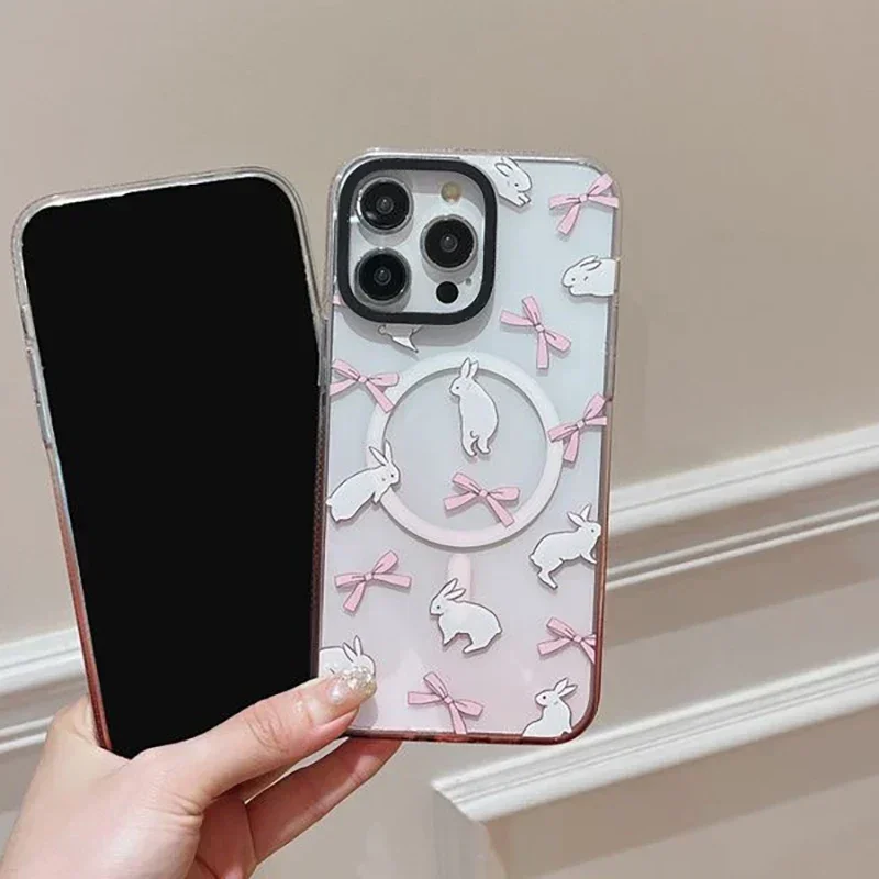 Bowknot Rabbit Pink Gradient Transparent Border iPhone 13 15 14 Pro Max Protective Case, Fits iPhone 15 Pro Max