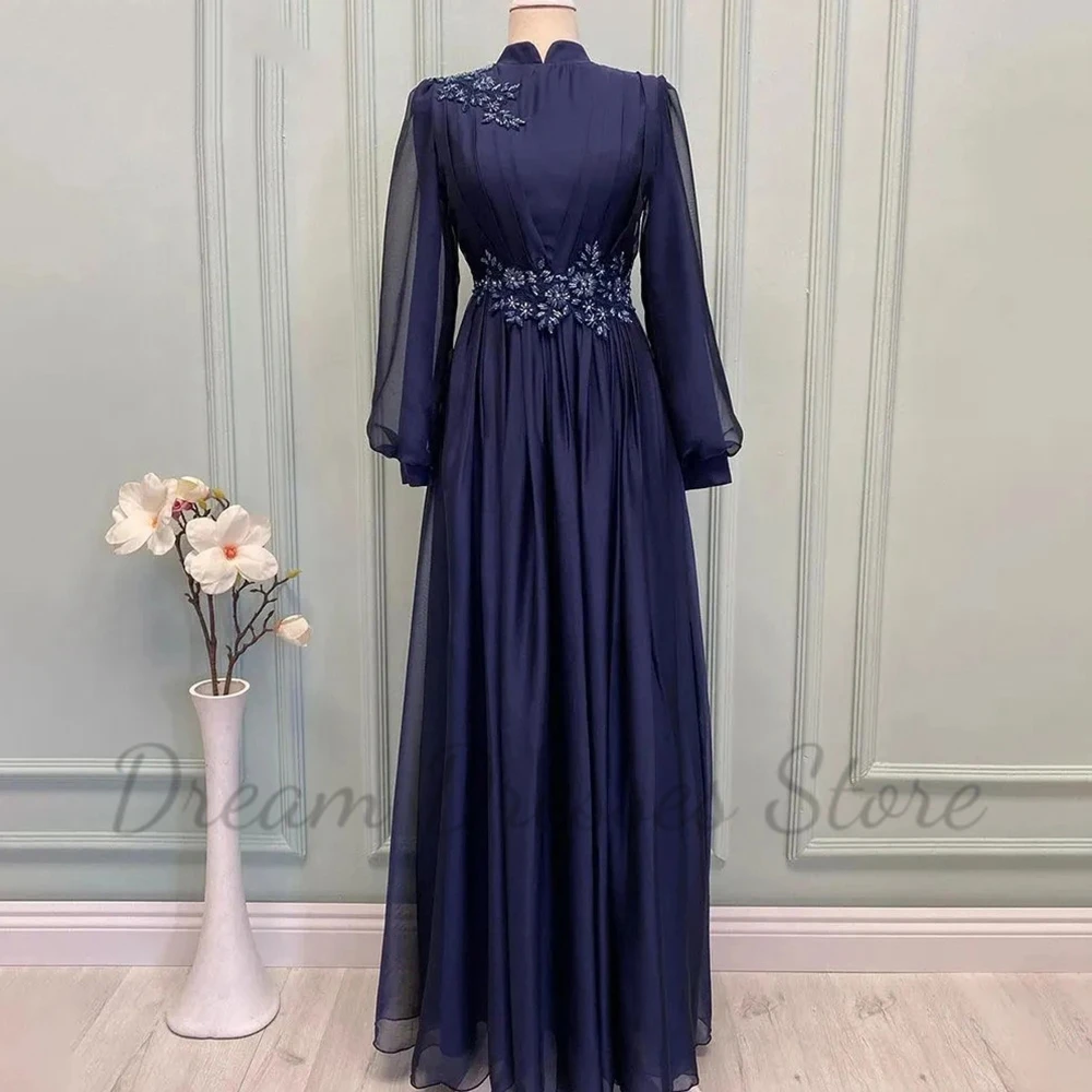 High Neck Pleat Long Sleeves EVening Dress A-Line Floor Length Applique Custom Made Women Wedding Party Muslim Gowns Colourful