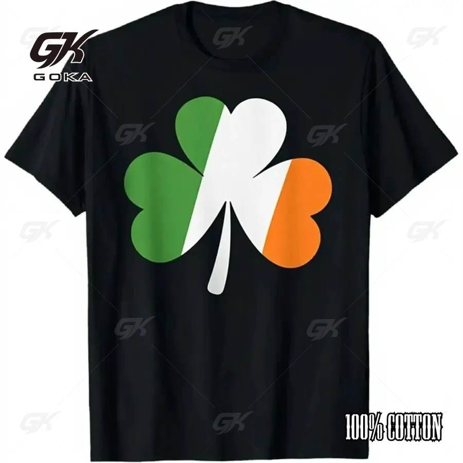 Irish Flag Shamrock St. Patrick's Day T-Shirt, Green White Orange Clover Tee, Black Lucky Irish Casual Short Sleeved Shirt